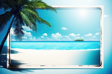 Above picture of a summer beach vacation with a blue background. Generative AI