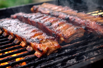 Closeup of grilled pork ribs on a bbq grid. AI generative