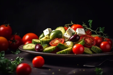 Fototapeta na wymiar Fresh Greek salad with vegetables and olives on a plate. Generative AI.