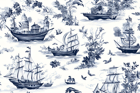 nautical toile de jouy blue and white seamless pattern image
