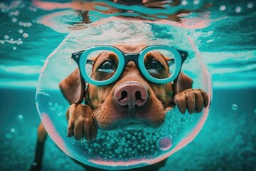 dog with spectacles and a floating ring. Generative AI