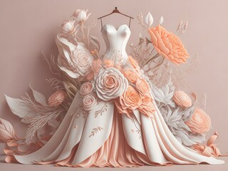 Banner of a wedding dress and bridal flowers. ai generative
