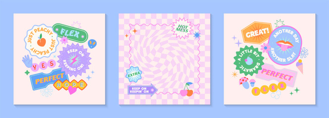 Vector templates with patches and stickers in 90s style.Modern emblems in y2k aesthetic with chess backgrounds.Trendy funky designs for banners,social media marketing,branding,packaging,covers