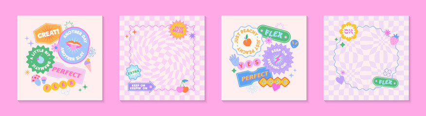 Vector templates with patches and stickers in 90s style.Modern emblems in y2k aesthetic with chess backgrounds.Trendy funky designs for banners,social media marketing,branding,packaging,covers