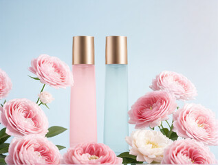 Perfume bottle and rose bushes, mockup. Created with Generative AI Technology. 

