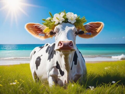 Cute funny cow lies on vacation beach with grass and white flowers. ai generative