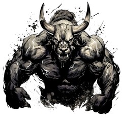 Illustrated black bull, very muscular, comic style, la generated