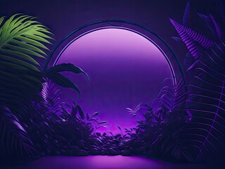 Fototapeta na wymiar Purple Circular Neon light with Tropical Leaves. ai generative