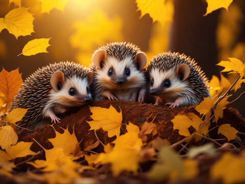 group of baby hedgehogs climbing and playing. ai generative