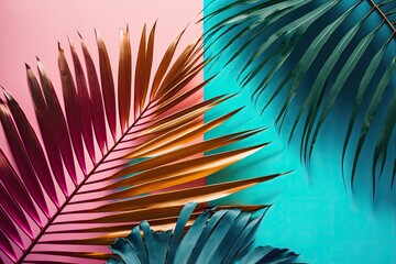 Fototapeta na wymiar Exotic painted tropical palm fronds against a vibrantly colored tropical background. A minimalistic summer fashion concept. Lay down. Generative AI