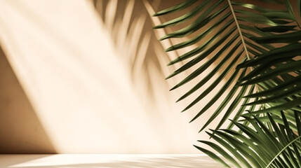 Fototapeta premium Tropical background for a product placement, palm tree leaves and sunlight shadows on the wall, minimalistic botanical backdrop, palms on a hot sunny day, generative ai