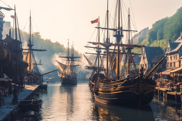 Fototapeta premium Medieval harbor view, old style sail ships and old buildings. Generative AI.