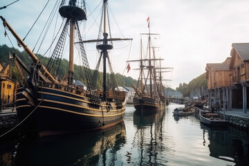 Medieval harbor view, old style sail ships and old buildings. Generative AI.