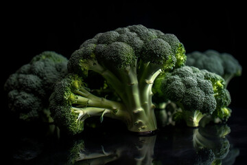 A perfect Bunch of Broccoli sitting on a shiny surface with a black background, AI generated art, Generative AI, illustration,