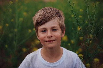 Portrait of seven-year-old boy in a flower meadow
