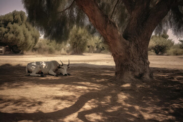 A contented cow peacefully resting under the shade of a tree on an ecological farm, embodying the farm's commitment to providing a comfortable and stress-free environment for animals