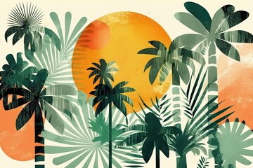 A continuous representation of an abstract jungle. Tropical paradise with palm trees and orange sun. Hand-drawn illustration. Generative AI