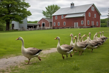 A flock of healthy and vibrant geese roaming freely in a spacious pasture on an ecological farm, reflecting the farm's commitment to animal welfare and ethical practices