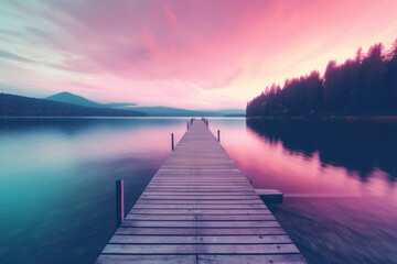Fototapeta na wymiar A serene sunset over a peaceful lake, with soft pastel colors and a sense of calmness, creating a soothing and contemplative mood