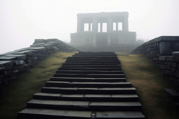 An ancient temple immersed in mist, shrouded in mystery and history, beckoning travelers to explore its sacred grounds