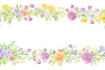 Fototapeta na wymiar Ranunculus flower. Florist decoration. Natural floral background. Floral background with place for text. Templates for design, botanical illustration in watercolor style. Generative AI.