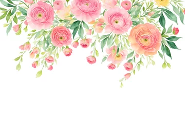 Fototapete Blumen Ranunculus flower. Florist decoration. Natural floral background. Floral background with place for text. Templates for design, botanical illustration in watercolor style. Generative AI.