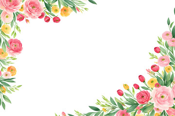 Ranunculus flower. Florist decoration. Natural floral background. Floral background with place for text. Templates for design, botanical illustration in watercolor style. Generative AI.