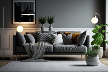 cozy living room with a comfortable couch and a vibrant potted plant. Generative AI