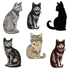 Cat group silhouette isolated on white background