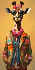 A giraffe wearing sunglasses and a scarf. Generative AI.