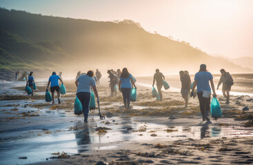 Candid scene of volunteers demonstrating commitment and teamwork while participating in a beach cleanup, an image of environmental responsibility and community 