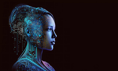 Obraz premium The head of a humanoid girl with neural network thinking. Generated AI