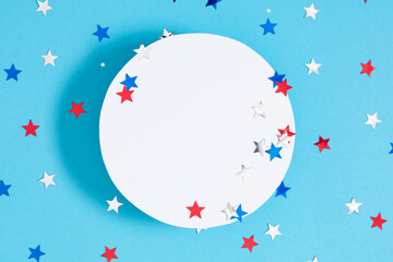 4th of July, USA Presidents Day, Independence Day. Flat lay top view of celebration decor, circle...