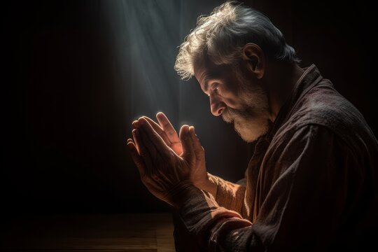 old religious man praying god with his hands sitting on his knees. Generative AI