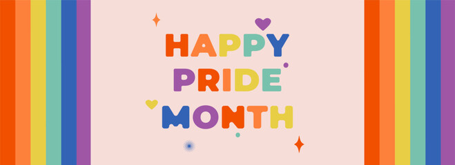 Pride month banner with rainbow hearts. Flat vector illustration.