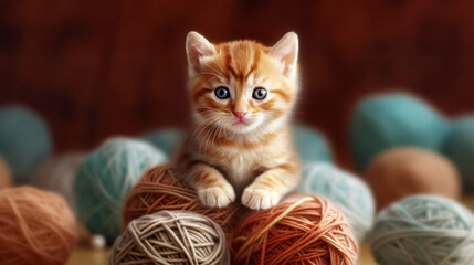 a cute orange tabby kitten sitting on top of balls of yarn - obrazy, fototapety, plakaty