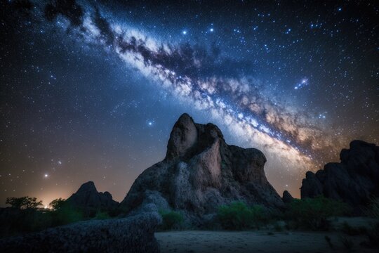 breathtaking view of the Milky Way galaxy shining in a starry night sky. Generative AI