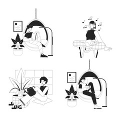 Leisure activities at home bw vector spot illustration set. Rest women 2D cartoon flat line monochromatic characters for web UI design. Relaxing alone editable isolated outline hero image pack