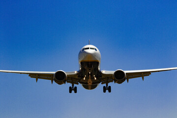Naklejka premium view of plane landing at our well-deserved vacation destination