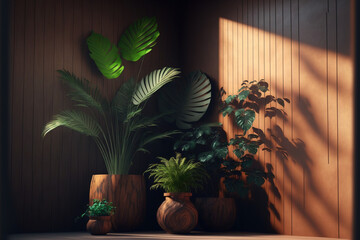 three indoor plants arranged in a corner of a cozy room. Generative AI