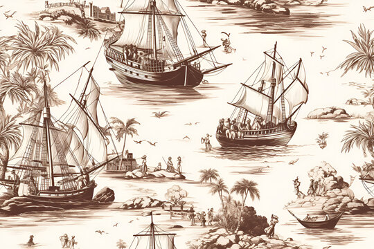 nautical toile de jouy seamless pattern brown on white background