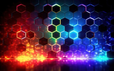 Digital geometry hexagons in neon lights style. Generative AI
