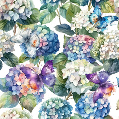 Seamless pattern of watercolor hydrangeas with butterflies. Vector illustration