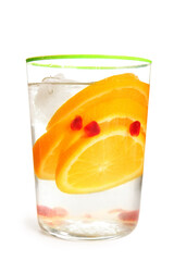Glass of infused water with orange slices on white background