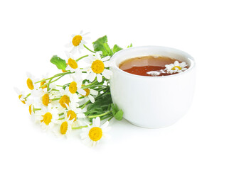 Bowl of honey and fresh chamomile flowers on white background