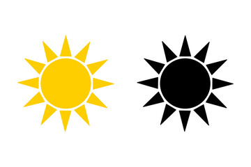 Sun icon set. Collection of yellow sun and black silhouette. Vector illustration for use as weather, sunlight, nature icon or logo isolated on white background