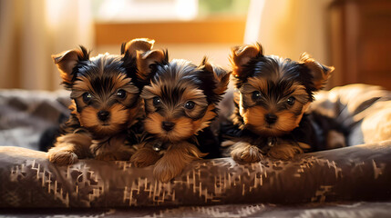 3 Yorkshire Terrier puppies, snuggled up in a line all sleepy - obrazy, fototapety, plakaty
