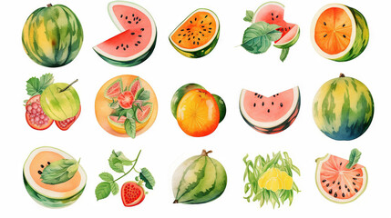fruits watercolor illustration stickers, generative ai