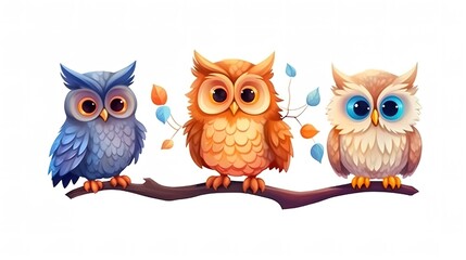 owls, bright owls of different colors.Generative AI