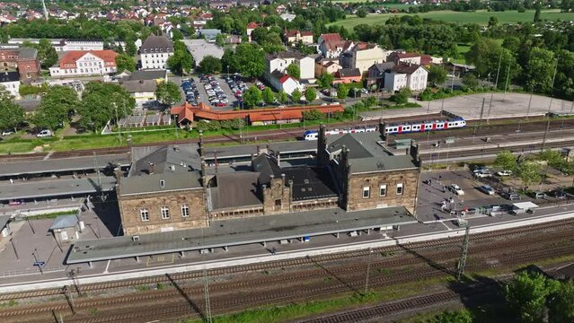 Drone shot of Minden Central Station ( Minden Hauptbahnhof ) , Germany .